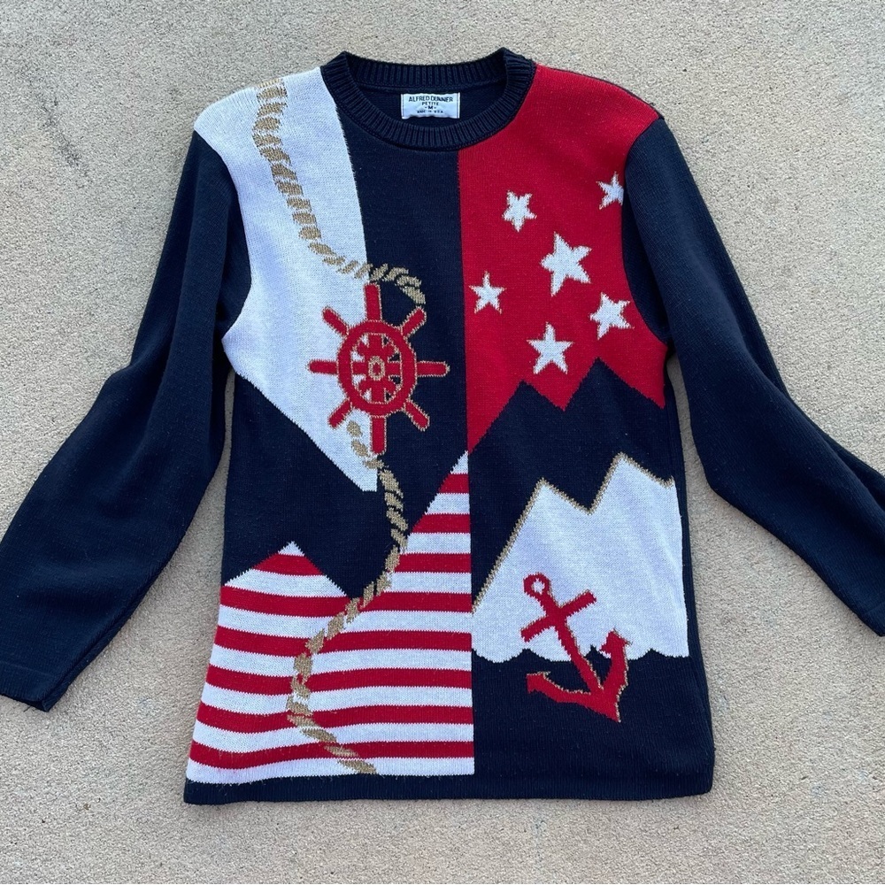 Vintage Nautical Sweater Red White Blue Anchors Stars Stripes By Alfred Dunner